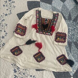 Embroidered White Tunic with Red Accents